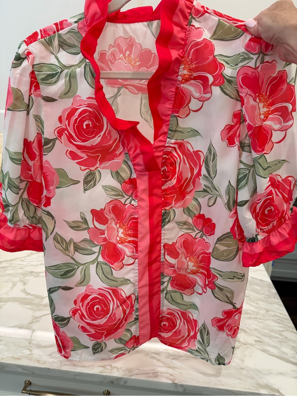 Floral Ruffle Trim Sheer Blouse - Pink & Green
